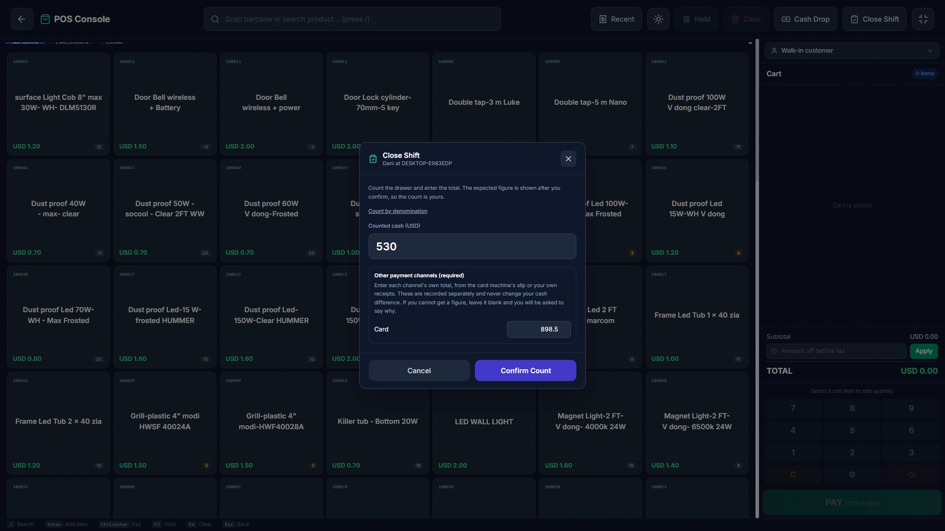 EVRST Invoice POS console with the Close Shift dialog open, showing a blind cash count and a separate card channel total