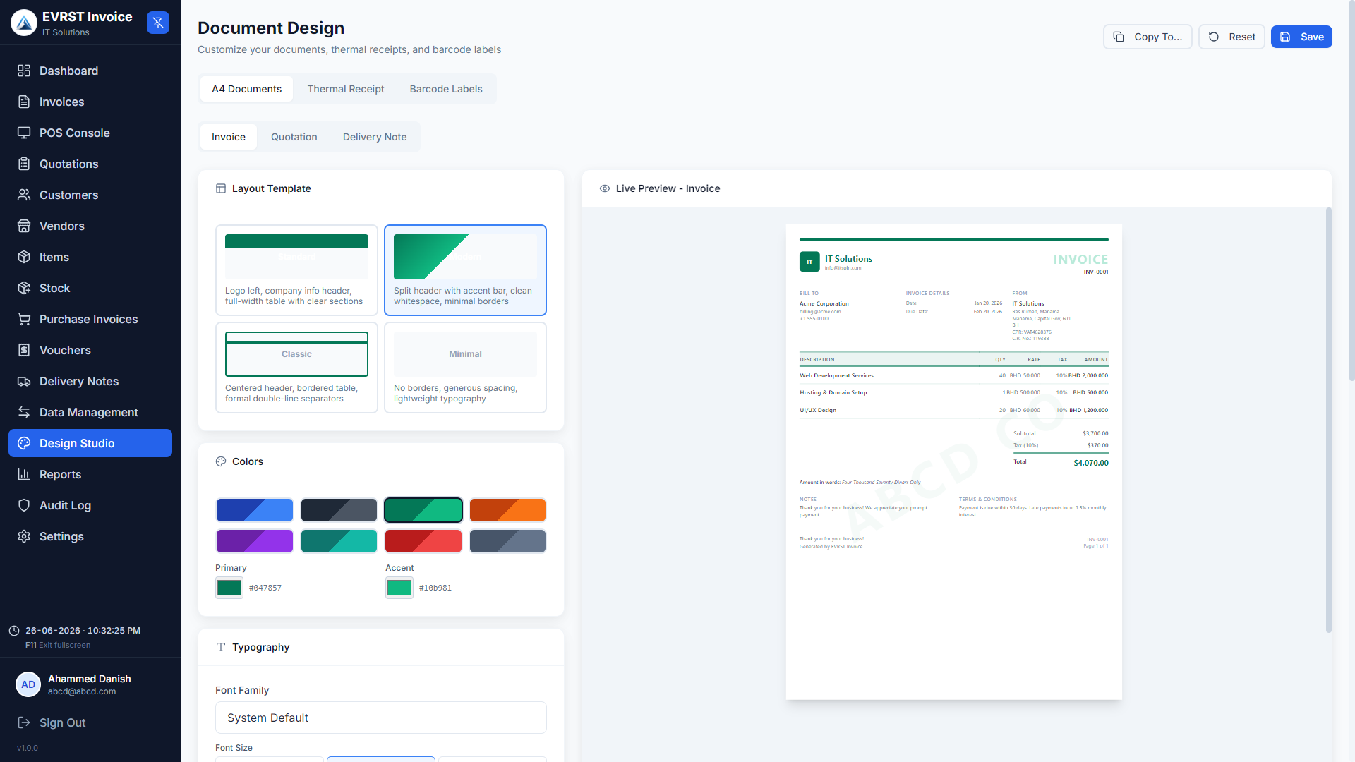 EVRST Invoice Design Studio showing document layout, colour and typography controls with a live invoice preview