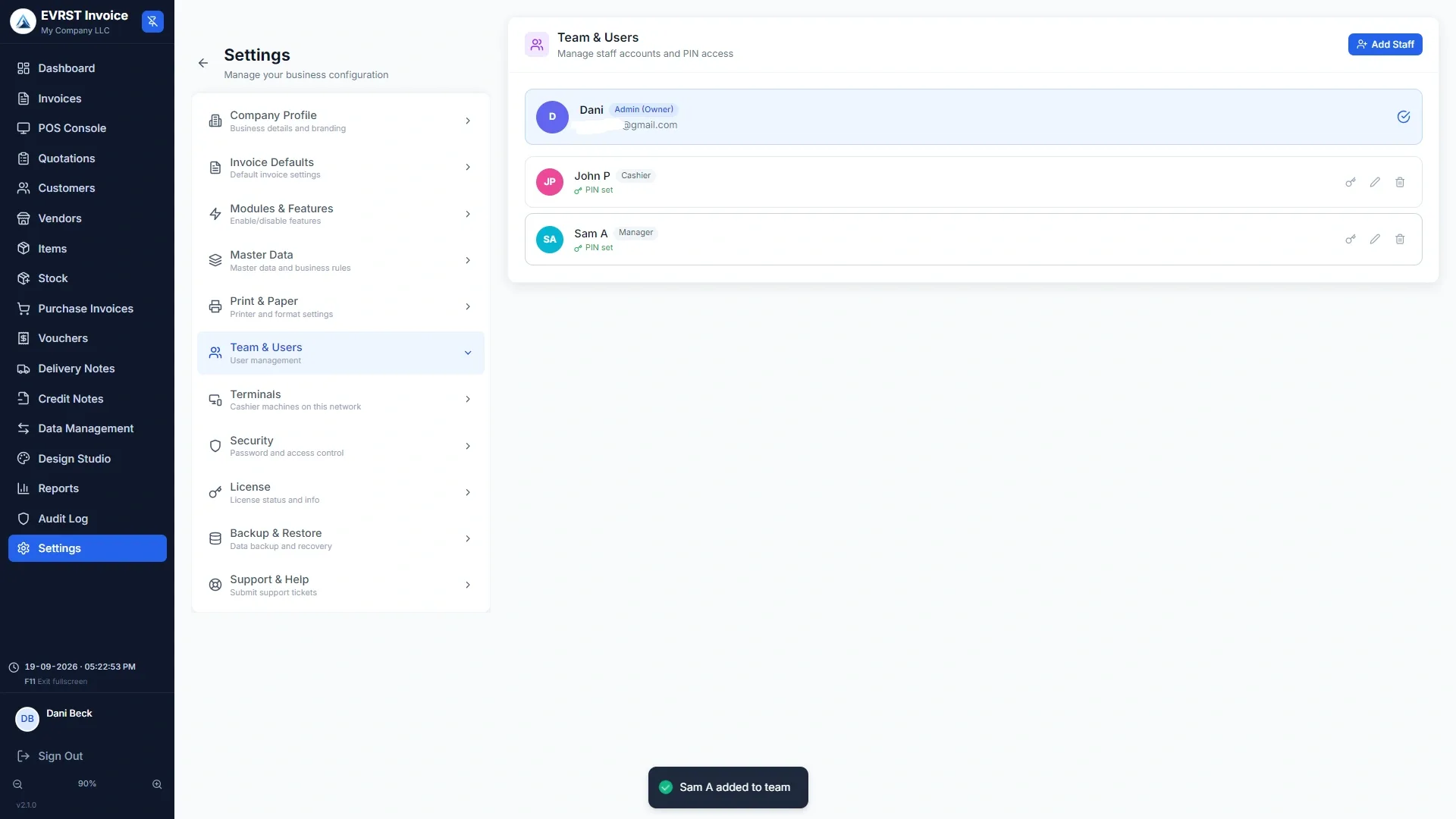 EVRST Invoice Team and Users settings showing staff accounts with Admin, Cashier and Manager roles and PIN access