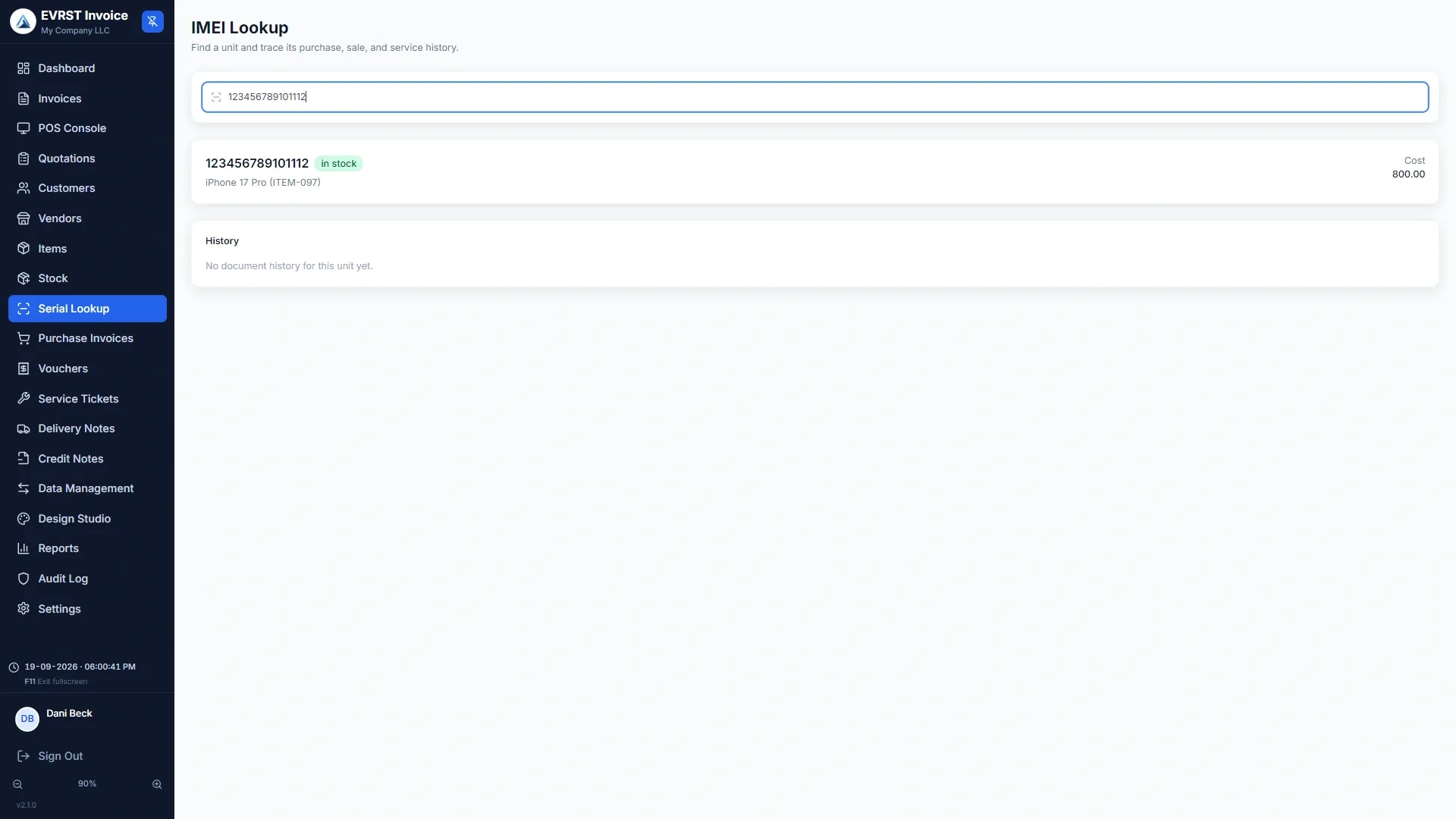 EVRST Invoice IMEI Lookup tracing a single unit by its IMEI, showing the item it belongs to, its in-stock status and its cost